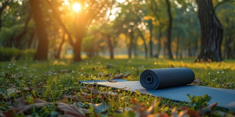 Yoga mat rolled out on grass in a sunlit park with autumn leaves scattered around and trees in the background