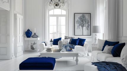 Elegant Living Room with Navy Blue and White Decor, Classic and Sophisticated Interior, Perfect for Home Decor and Real Estate Listings