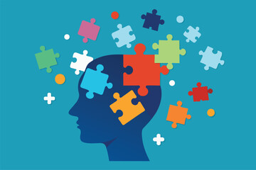 Human head silhouette with puzzle pieces, vector cartoon illustration. Artistic representation of human mind and cognitive processes with colorful jigsaw pieces.