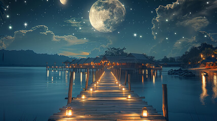 A wooden pier leading to the moon, illuminated by lanterns along its length. The night sky is dark and starry with a large full moon hanging in it. Generative AI. - Powered by Adobe
