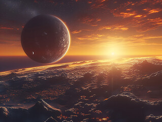 Planet Earth with a Sunrise and the Moon in Space,
Space panorama with planets stars galaxies for glass panels
