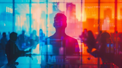 Fototapeta premium Startup founder pitching to investors, close up, entrepreneurial theme, vibrant, Double exposure, conference room