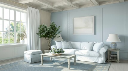 Modern Living Room with Light Blue Sofa and Large Windows, Contemporary Interior Design for Home Decor and Real Estate Photography