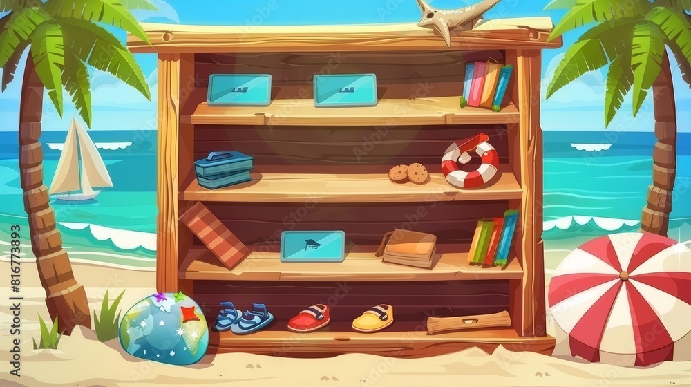 Poster a videogame store's ui interface. a wooden frame illustration with exit button, palm tree, umbrella,