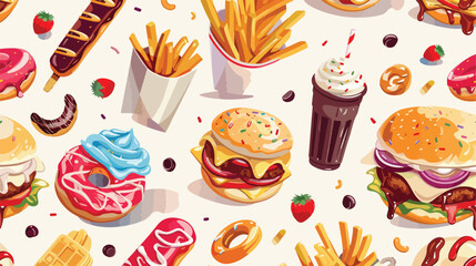 Modern seamless pattern with fast food. Colorful background