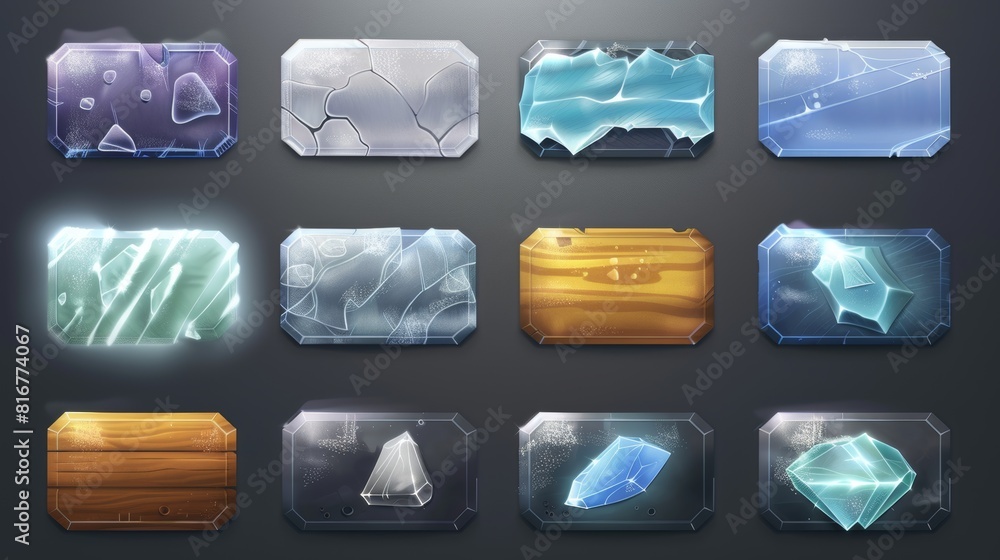 Poster ui button frame for a medieval rpg with crystal, metal, and concrete elements. block cartoon icon fo