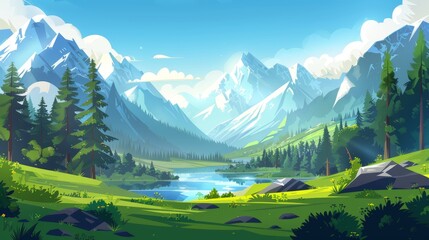 A mountain lake in a forest nature landscape modern background. Summer tree scenery on an alps panorama with blue sky and green grass. Comfortable outdoor altai vacation drawing concept.