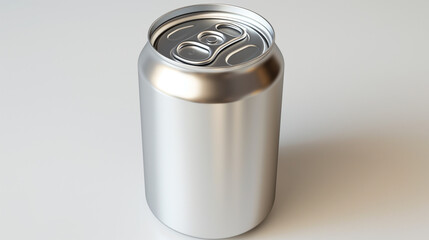 A silver soda can is sitting on a white table.

