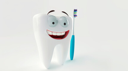 Happy 3D Cartoon Tooth with Toothbrush on White Background. Suitable for use in dental themes, oral hygiene educational materials, and toothpaste advertisements for kids.