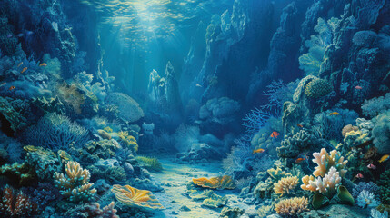Fototapeta premium Explore the untamed wilderness of the ocean depths in our vast undersea collection, where pristine coral reefs, teeming seagrass meadows, and towering underwater cliffs await discovery.