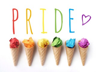 LGBT poster.. PRIDE concept. Ice creams with the colors of the Rainbow flag on a white background