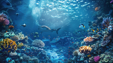 Fototapeta premium Explore the wonders of the ocean floor in our vast undersea collection, featuring breathtaking coral reefs, mysterious shipwrecks, and mesmerizing marine life.