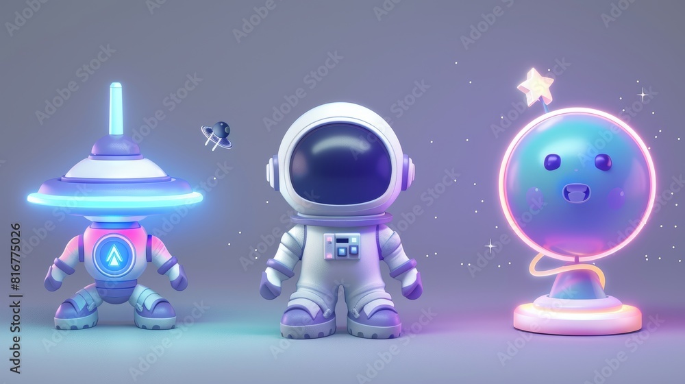 Poster realistic galaxy universe cosmonaut and spaceship isolated ui icon design for virtual reality video 
