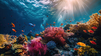 Obraz premium Explore the wonders of the ocean floor in our vast undersea collection, featuring breathtaking coral reefs, mysterious shipwrecks, and mesmerizing marine life.