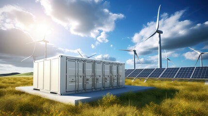 Concept of Modern energy storage batteries system, wind power, wind turbines and Li-ion battery container, and solar panels in the background. Panoramic view with copy space.