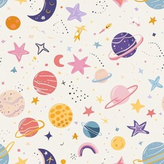 Colorful Space Pattern with Planets, Stars, and Cosmic Elements