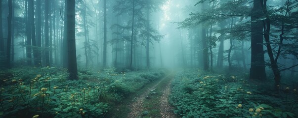 Fototapeta premium Quiet morning in a foggy forest, selective focus, tranquility theme, ethereal, Multilayer, woodland trail