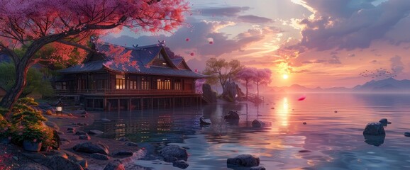 Japanese Landscape, House By The Sea In The Style Of, Sakura Trees, Anime Style, Sunset  