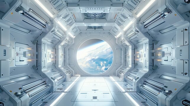 The interior of a white space station in the future is futuristic and sci-fi, with a futuristic door and window outside looking at planet earth, futuristic architecture. Generative AI.