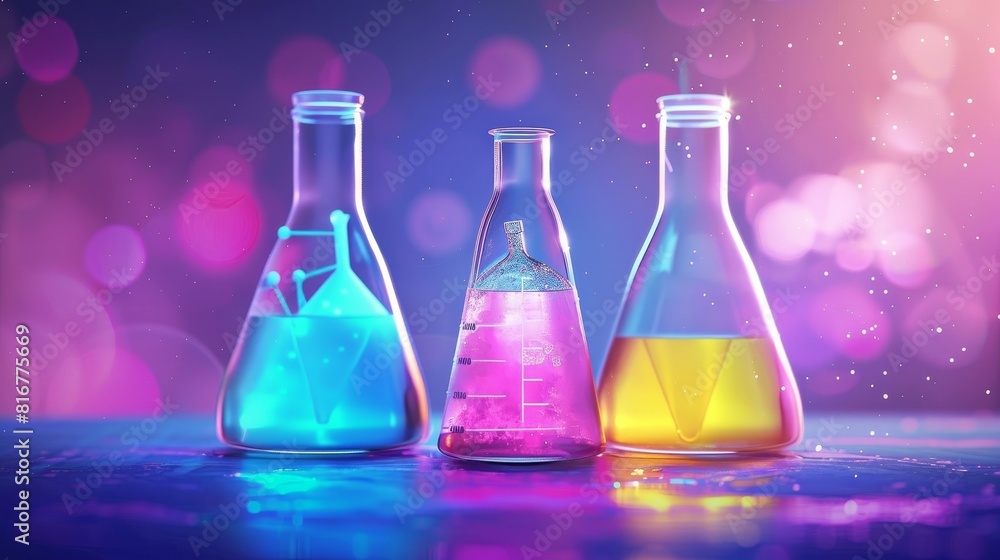 Poster laboratory flask with liquid for testing. realistic lab glassware set. volumetric tool for chemical 