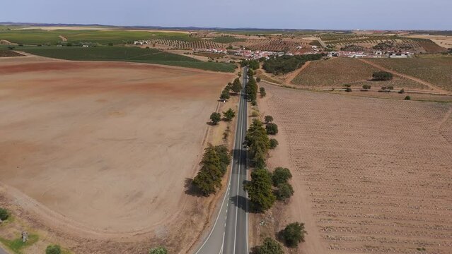 Aerial shot of cars driving on a road passing through fields in Reguengos de Monsaraz, Portugal.