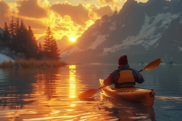 Quiet lakeside at sunset, where a kayaker paddles gently, merging with the calm and beauty of the surroundings focus on, sunset theme, futuristic, Composite, serene lake
