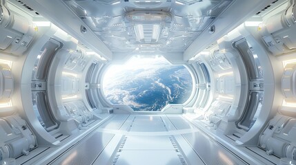 The interior of a white space station in the future is futuristic and sci-fi, with a futuristic door and window outside looking at planet earth, futuristic architecture. Generative AI.