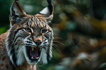 Fototapeta premium Captivating closeup of a eurasian lynx snarling against a blurred natural background