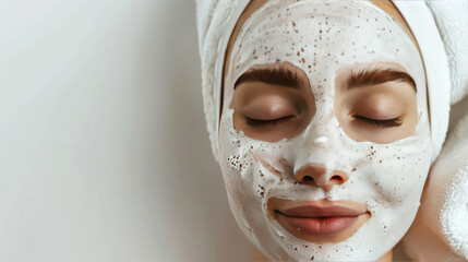Fototapeta premium a girl with freckles and thick eyebrows treats her skin to a luxurious moisturizing mask, her expression serene and focused as she enjoys the detoxifying and lifting effects.