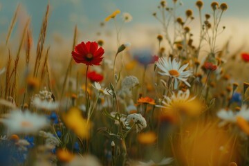 Tranquil scene of a colorful wildflower meadow bathing in the warm golden hour light