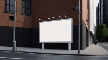 Obraz premium Blank horizontal billboard mockup on city street with brick building, advertising display template, urban environment