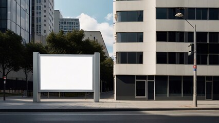 Obraz premium Blank white outdoor billboard mockup on city street with office buildings and trees, advertising template for urban marketing