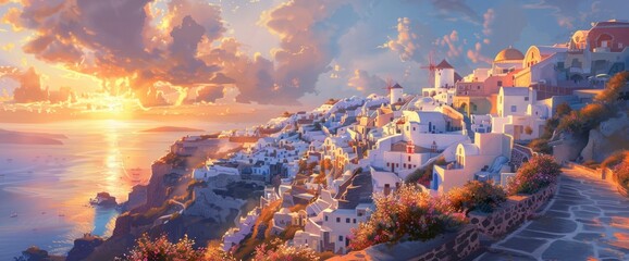 S Cherished Greek Island, Santorini , With White Buildings And Flowers, Overlooking The Sea 