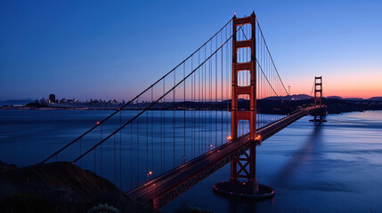 the Golden Gate Bridge is bathed in the soft, warm light of sunset, its elegant silhouette a...