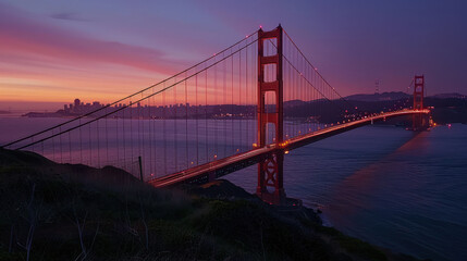 the Golden Gate Bridge is bathed in the soft, warm light of sunset, its elegant silhouette a timeless symbol of San Francisco's beauty and resilience.