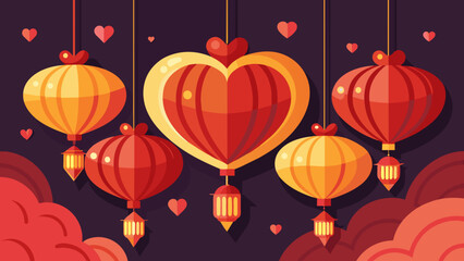 Romantic Red and Gold Lanterns with Hearts for Valentine's Day Celebration. Vector illustration for Qixi festival celebrating Chinese Valentine's Day