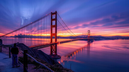 Fototapeta premium the Golden Gate Bridge is bathed in the soft, warm light of sunset, its elegant silhouette a timeless symbol of San Francisco's beauty and resilience.