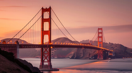 In the tranquil moments before nightfall, the Golden Gate Bridge is bathed in the soft, warm light...