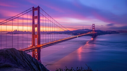 Fototapeta premium In the tranquil moments before nightfall, the Golden Gate Bridge is bathed in the soft, warm light of sunset, its elegant silhouette a timeless symbol of San Francisco's beauty and resilience.