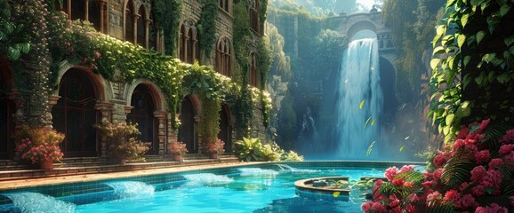 Stone Villa With Blue Pool Overlooking Waterfall, Lush Garden And Ivy Covered Walls, Hyper...