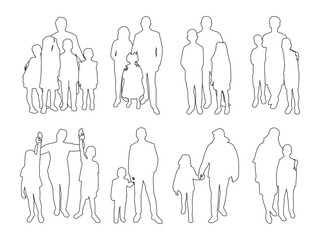Group of families sketch outlines, body figures of adults and children