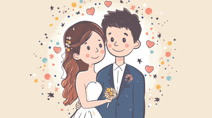 Cartoon doodle Wedding couple Romantic icon Vector style