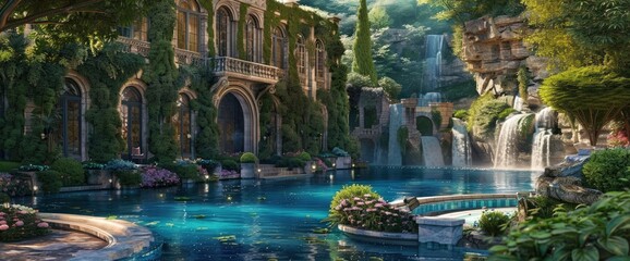 Stone Villa With Blue Pool Overlooking Waterfall, Lush Garden And Ivy Covered Walls, Hyper Realistic  