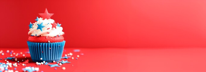 4th of July cupcake with red, white and blue stars on a gradient background banner for design or text placement.
Independence Day,  USA national holiday, banner wallpaper