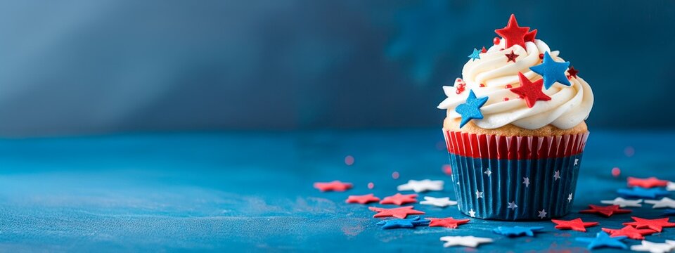 4th of July cupcake with red, white and blue stars on a gradient background banner for design or text placement.
Independence Day,  USA national holiday, banner wallpaper