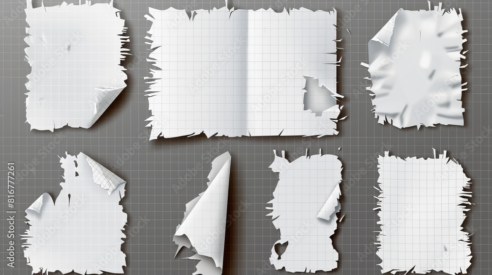 Poster torn notebook paper pieces isolated on transparent background. modern realistic illustration of blan