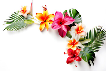 Bright and vibrant tropical flowers are surrounded by bright green foliage such as palm leaves and monstera leaves. white background