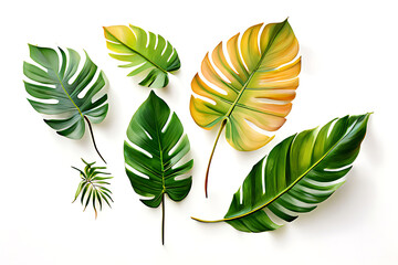 Obraz premium Image of monstera leaves in various shapes and colors. Used in designs or decorations that require a fresh, natural look. Arranged on a white background