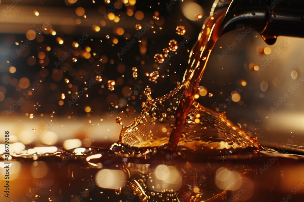 Aufkleber close up of dynamic and highspeed pouring of golden espresso coffee creating a burst of splashing dr