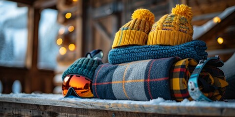Pack things for a ski vacation, close up, winter sports theme, vibrant, Composite, mountain lodge